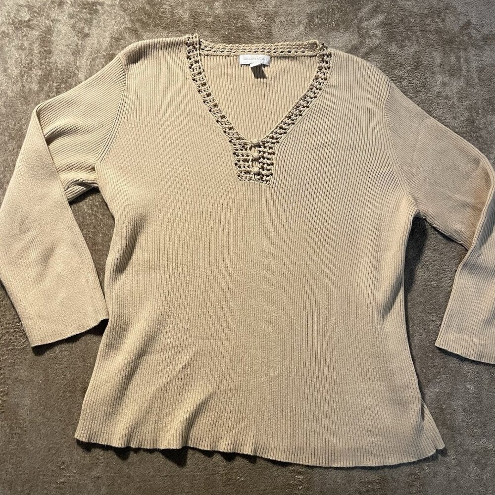 Charter Club Shirt Womens Large Knit Tan Ribbed Beaded Woven Trim Long Sleeve